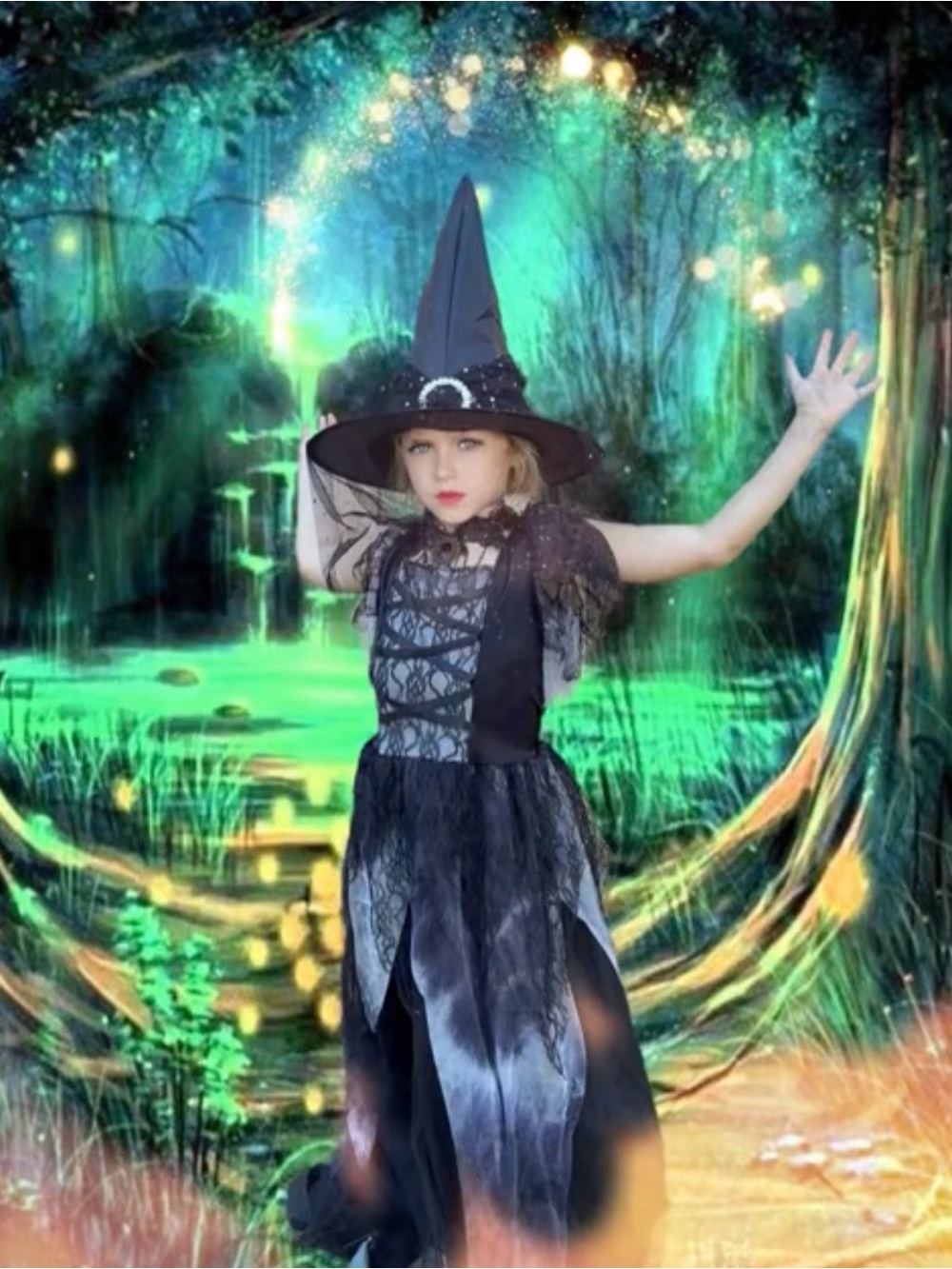 Classic Black Witch Costume for Kids — Hat & Lace Dress